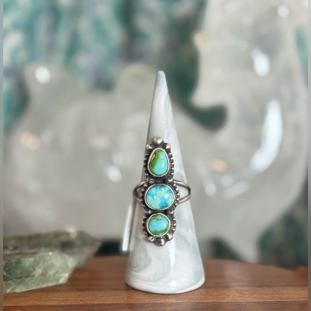 NWT Navajo Handmade Lorenzo Juan Sonoran Gold Turquoise 3 Stone SS Ring Size 9
